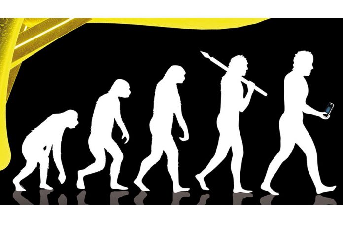 Pared negra y amarilla con figuras en blanco representando la evolución del hombre