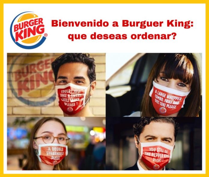 Personas con tapabocas rojos y publicidad Burger King