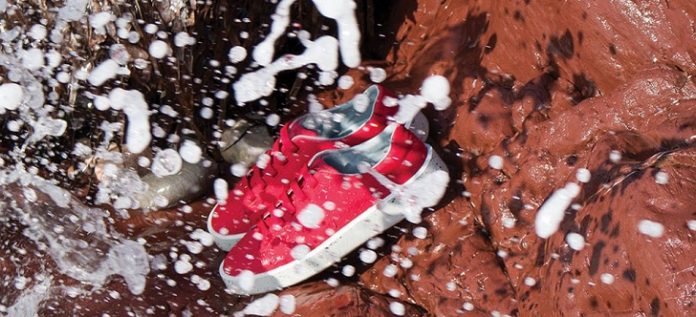 Piedra con agua y zapatos rojos