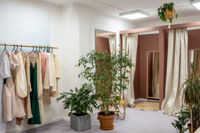 Interior de tienda, plantas decorativas, probadores de ropa con espejos, percheros con ropa colgada